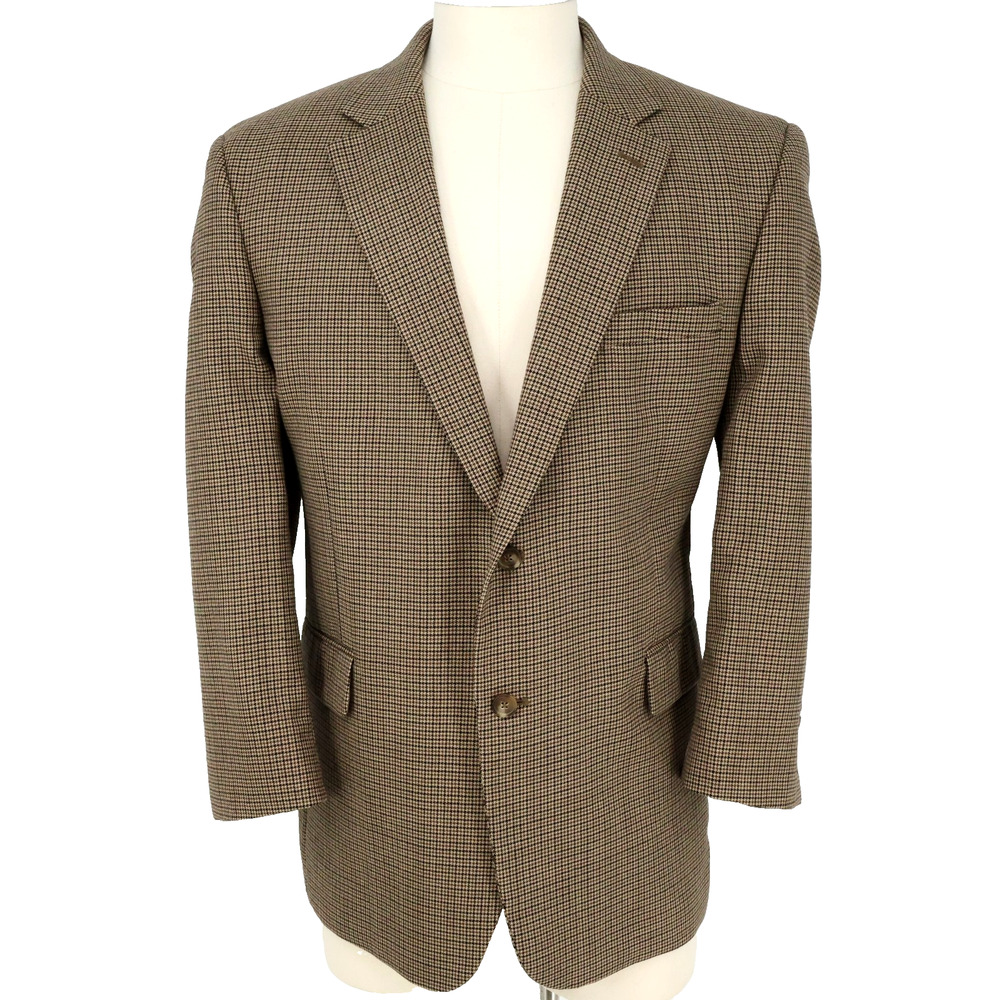 Jos A Bank Sport Coat Mens 46R Brown Houndstooth Plaid Wool Jacket Lined Blazer